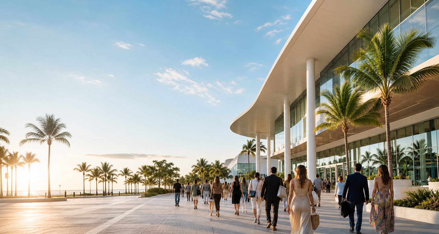 Miami hospitality district with palm trees and attendees arriving